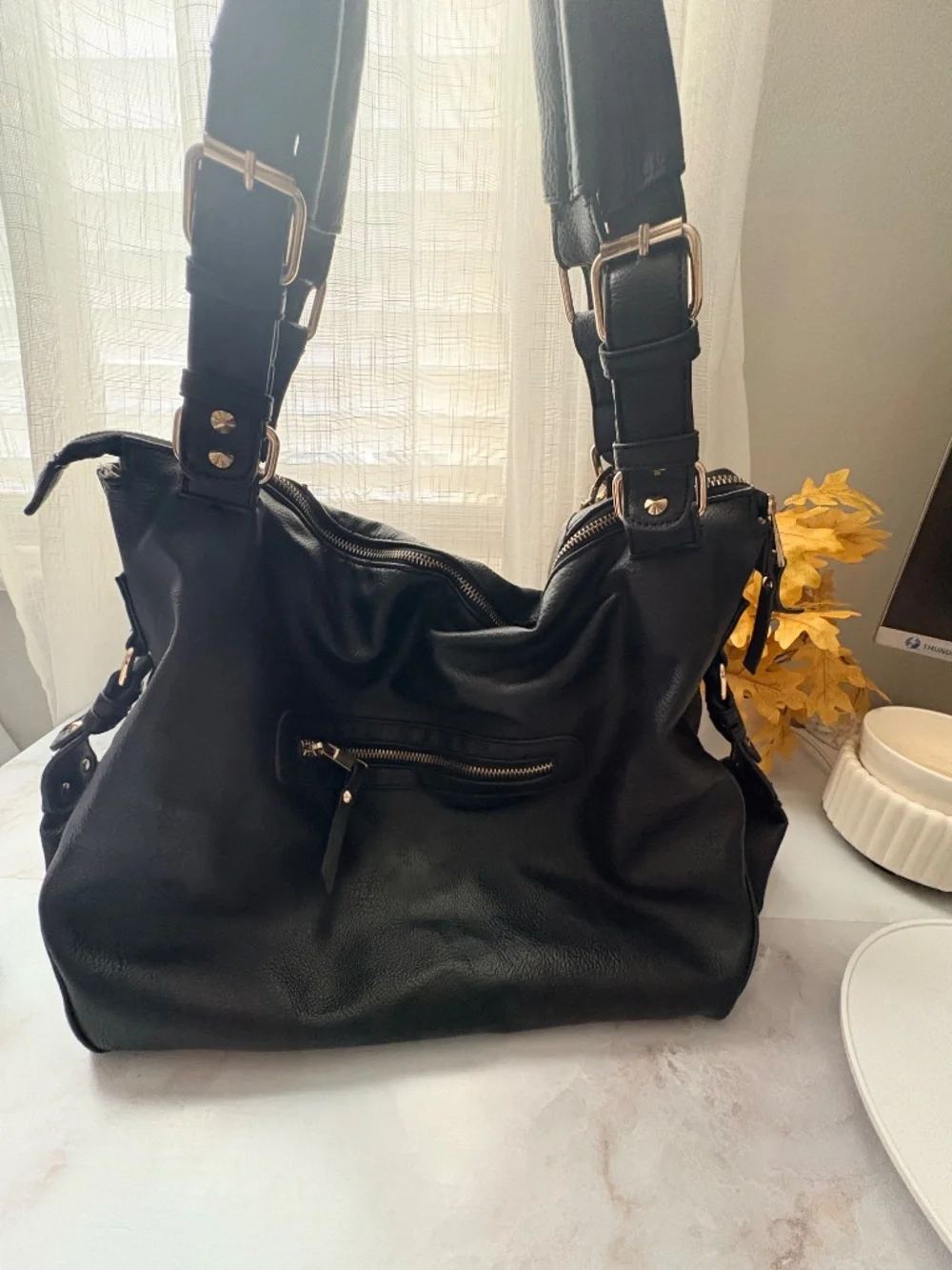 Miss Gustto Black Faux Leather Hobo Bag with Gold Chain & Braided Details